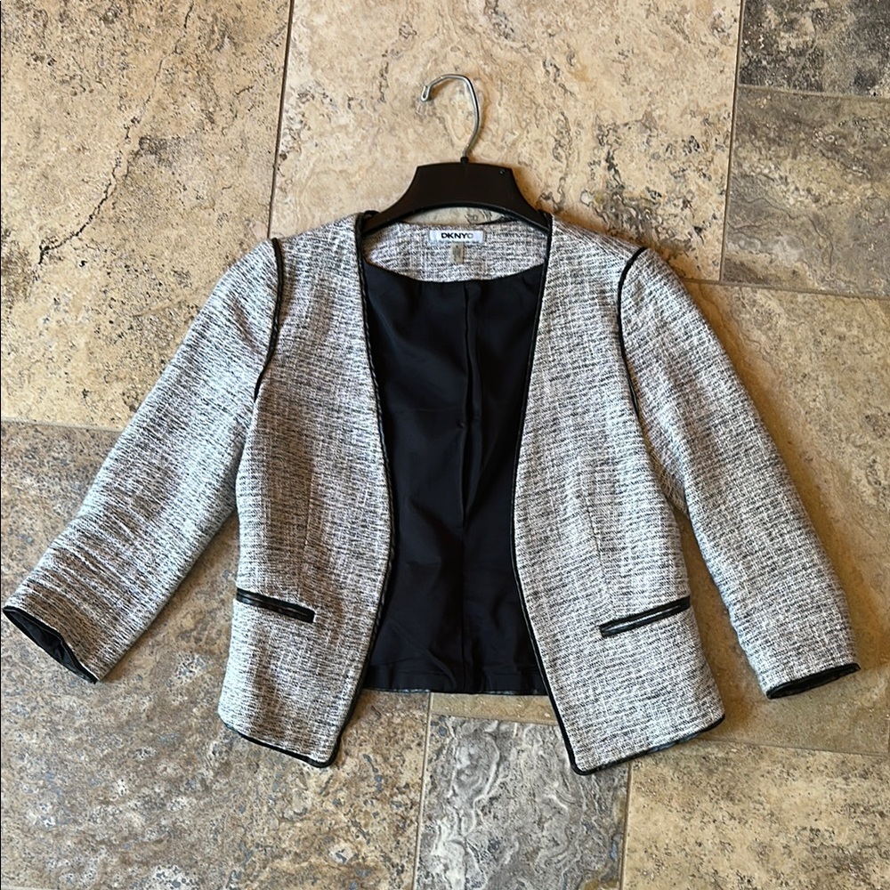 Chic 3/4 Sleeve Black and Gray Women's Jacket with faux leather detail